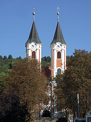 The towers (steeples) of the Pilgrim Church through the trees - Máriagyűd, Maďarsko