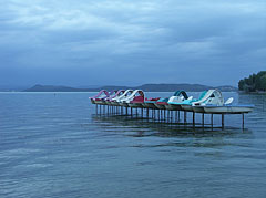 Pedalos (paddle boats) on a pier on the beach - Balatonföldvár, Macaristan