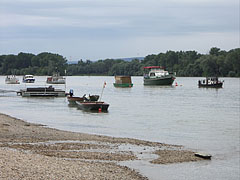 Moored boats and motorboats at the Danube bank of Alsógöd - Göd, Hungria