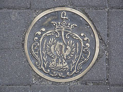 Coat of arms of Szolnok in the pavement, on a brass relief decoration - Szolnok, Hongarije