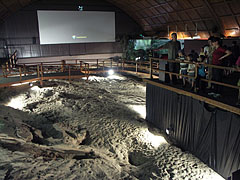 The exhibition space of the Great Hall, with a lot of prehistoric trackways and 3D movie screening - Ipolytarnóc, 헝가리