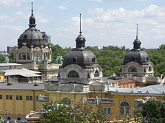 The domes of the Széchenyi Thermal Bath, as seen from the lookout tower of the Elephant House of Budapest Zoo - Budapeşte, Macaristan