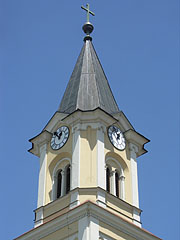 The steeple (tower) of the Visitation of the Blessed Virgin Mary Roman Catholic Parish Church - Siófok, Macaristan