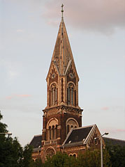 The church tower (steeple) of the Our Lady of Hungary Parish Church ("Magyarok Nagyasszonya főplébániatemplom") of Rákospalota - Budapest, Ungari