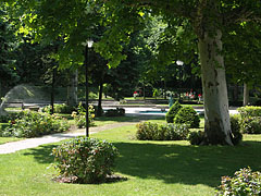 The park of the Honvéd Cultural Center, including ornamental bushes and plane trees - Budapešť, Maďarsko