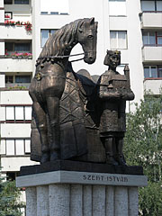 Modern style bronze statue of King St. Stephen of Hungary with a horse in front of the Great Church - Gyöngyös, Maďarsko