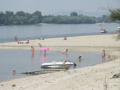 Many people bathing in the water of the Danube, which is here in the gravel deposit bays shallow, gently deepening and in the summertime warm as well - Dunakeszi, Macaristan