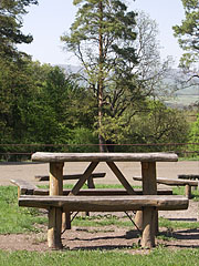 Picnic tables and benches made of tree trunks in the meadow near the tourist shelter - Börzsöny Mountains, Ungaria