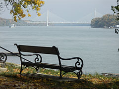 The Megyeri Bridge (also known as the Northern M0 Danube bridge) from a bench of the Római-part (river bank) - Budapeszt, Węgry