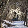 The stone gate of the Árpád Lookout viewed from the forest trail - Boedapest, Hongarije