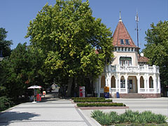 Shady walkway and the boat station building - Révfülöp, Hongarije