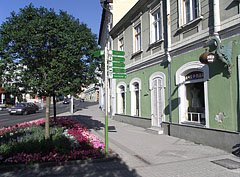 Houses on the main square, and near the green dragon sign on the right it is the vaulted gate of the passage, that leads to the Mill Pond ("Malom-tó") - Tapolca, ハンガリー