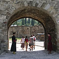 The arched Varkoch Gate (also known as the Varkocs Bastion) with authentic guard of honor, viewed from the inner castle - Eger, Maďarsko