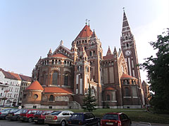 The neo-romanesque style red brick Votive Church and Cathedral of Our Lady of Hungary, viewed from the rear, from the apse - Szeged, Macaristan