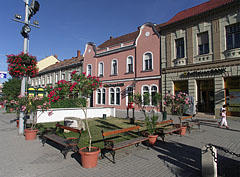 A small park with flowers and colorful houses in the main square - Tapolca, Macaristan