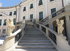 Grand staircase up to the balcony with stone putto statues on the railing - Fertőd, Hungria