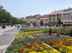 Flowers, fountain and colored houses in the renewed main square - Szombathely, Hongrie