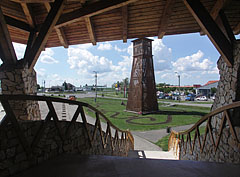 The entrance of the upper church with stairs, and the belfry - Szerencs, Unkari