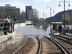 The Danube River is boycotting the public transport on the Pest riverside as well, the tracks of the tram line 2 at the Chain Bridge is under the water, the tram's tunnel under the bridge is almost full of water - Budapeszt, Węgry