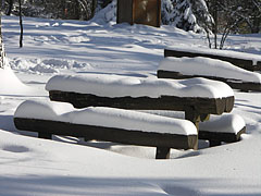 Snow blanket covers the benches and the everything else - Dobogókő, ハンガリー