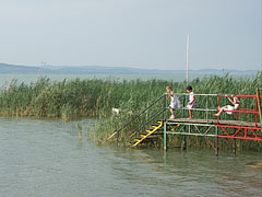 Children are playing on a stairs of the free beach, beside the reed - Balatonlelle, 헝가리